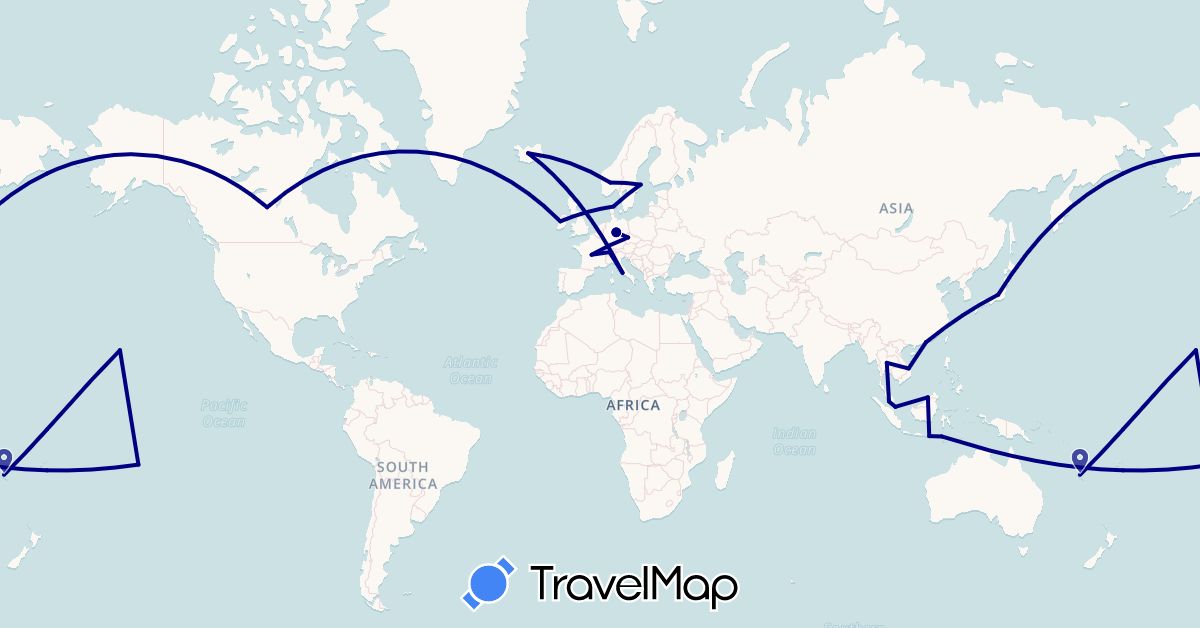 TravelMap itinerary: driving in Brunei, Canada, Switzerland, Czech Republic, Germany, Denmark, France, Hong Kong, Indonesia, Ireland, Iceland, Italy, Japan, Malaysia, New Caledonia, Norway, French Polynesia, Sweden, Singapore, Thailand, United States, Vietnam (Asia, Europe, North America, Oceania)